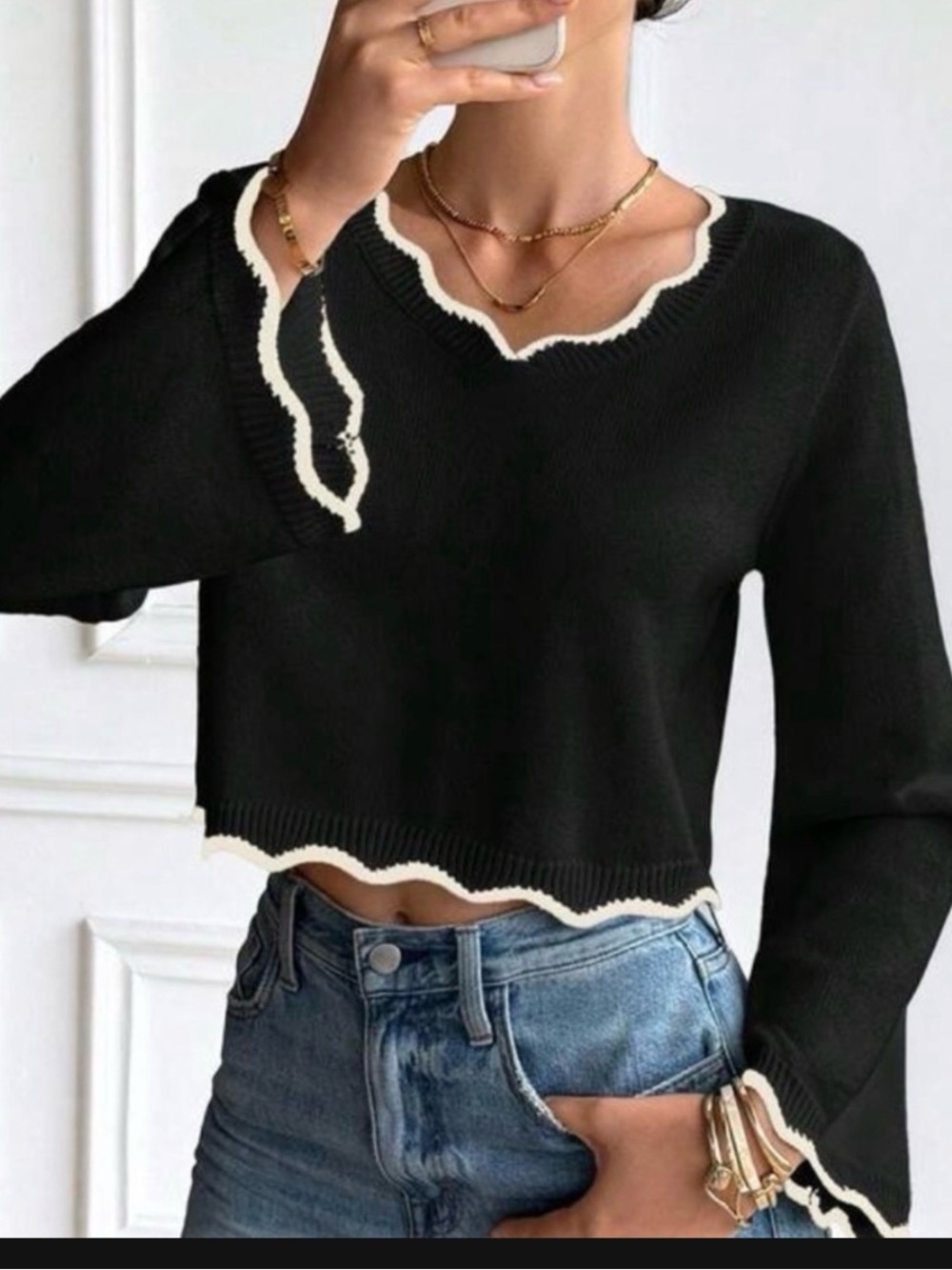 Black V-Neck cropped sweater with Cream scalloped Trim - Women's V-Neck NWOT